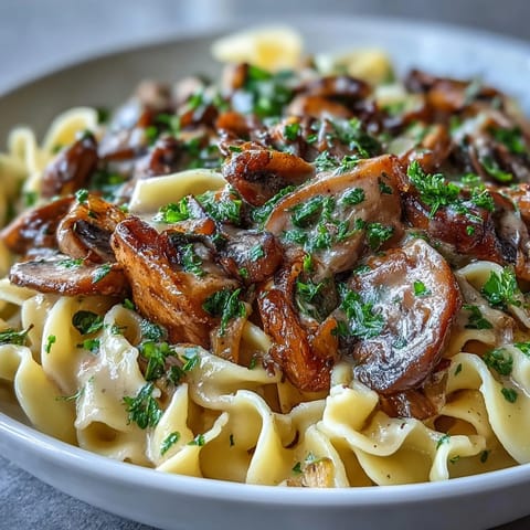 A generous bowl of Creamy Mushroom Stroganoff features glossy sauce coating fettuccine and savory mushrooms.