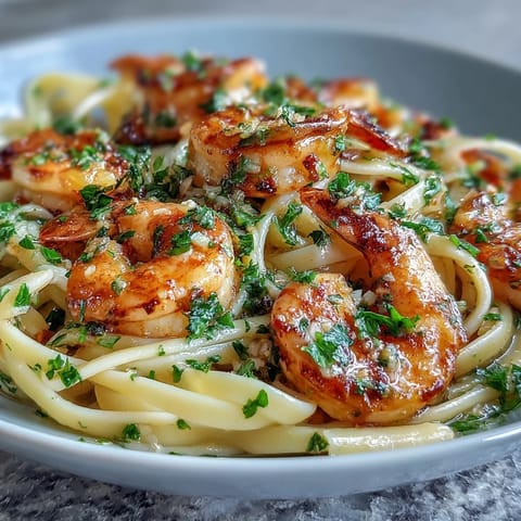 Succulent Shrimp Scampi With Linguine twirled on a fork, with steam rising and bright lemon zest.