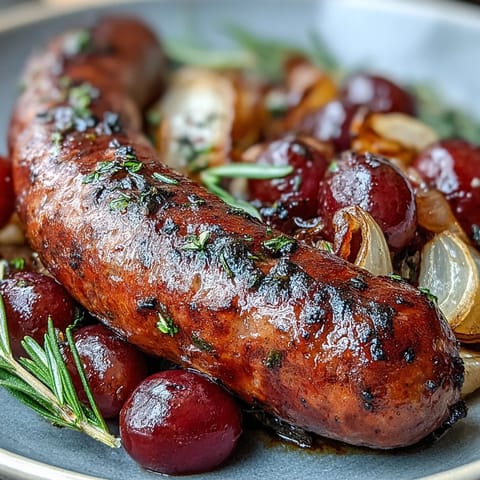 Golden-brown roasted sausages nestled among bursting, syrupy grapes, ready to serve alongside creamy polenta for a hearty Italian-inspired meal.