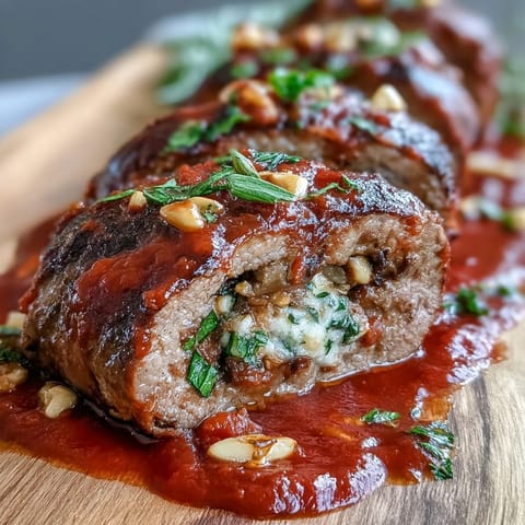 Sliced Sicilian-Style Braciole reveals a colorful filling of toasted pine nuts, sweet raisins, and herbs on a rustic ceramic plate.