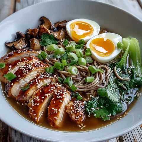 A close-up of Healthy Miso Chicken Noodle Bowls with soft-boiled egg halves, scallions, and vibrant vegetables in a savory miso broth.