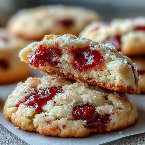 Fresh raspberries peek from Soft Chewy Raspberry Sugar Cookies stacked on a marble countertop near milk glasses.