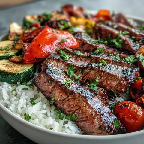Sizzling Sheet Pan Steak and Veggie Bowl with juicy sliced steak, golden roasted vegetables, and fluffy rice, garnished with parsley and lemon for a bright finish.