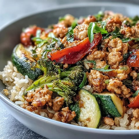 Colorful roasted vegetables and brown rice create a hearty, wholesome Ground Turkey Bowl for dinner.