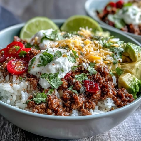 Overhead shot of a vibrant Turkey Taco Bowl topped with shredded lettuce, cheddar cheese, sour cream, and cilantro.