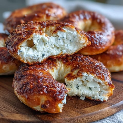 Four golden-brown Greek Yogurt Bagels sit on a wooden cutting board next to a jar of cream cheese and fresh tomato slices.