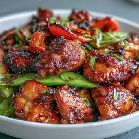 Tender chicken thighs and colorful bell peppers are tossed in a bold sauce in a skillet.