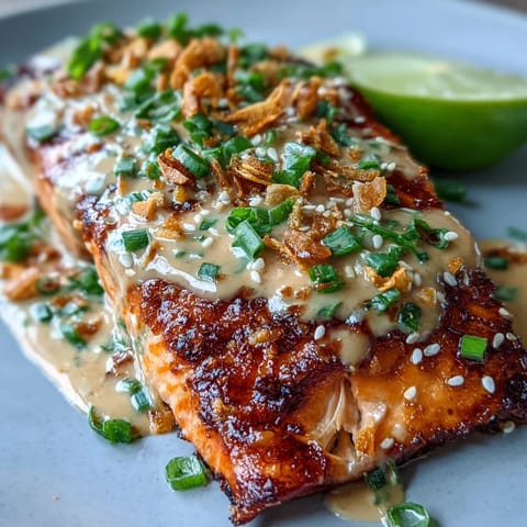 Sizzling pan-seared Bang Bang Salmon on a plate, drizzled with vibrant sauce and fresh lime wedges for serving.  