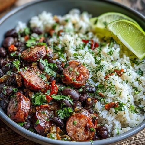 Top-down view of the Black Beans, Sausage, and Rice Skillet, garnished with fresh cilantro and served with lime wedges on a rustic wooden table.