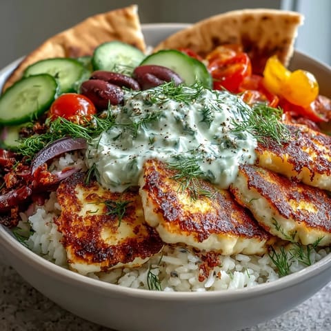 A vibrant Greek Halloumi Power Bowl topped with dill and Kalamata olives, featuring perfectly browned cheese slices on a bed of rice.
