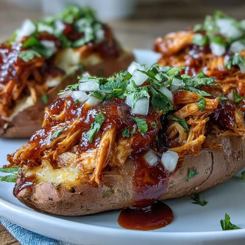 Roasted sweet potatoes stuffed with smoky honey BBQ chicken and finished with a cooling dollop of sour cream.