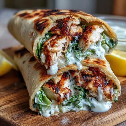 Served as Garlic Naan Grilled Chicken Caesar Wraps on a white plate.