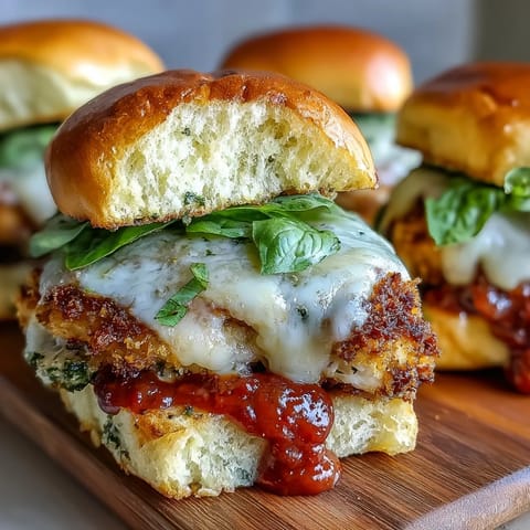 Freshly baked Pesto Chicken Parmesan Sliders with golden brioche buns and melted mozzarella on a platter.