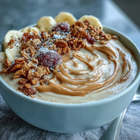 Thick Vegan Peanut Butter Banana Protein Smoothie Bowl topped with fresh berries and crunchy granola.