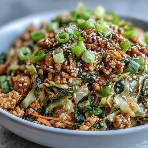 Freshly cooked High-Volume Cabbage and Turkey Stir-Fry with ground turkey, crisp cabbage, and vibrant red bell peppers steaming in a dark skillet.