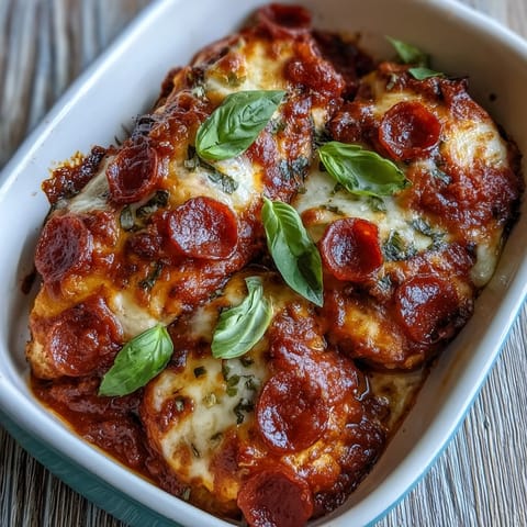 Freshly baked Keto Pepperoni Pizza Chicken Bake with melted mozzarella, marinara sauce, and golden pepperoni slices on juicy chicken breasts.