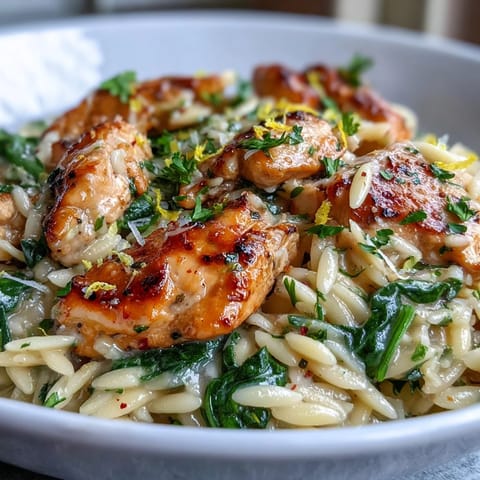 Golden-brown chicken and creamy orzo in a skillet, with wilted spinach and bright lemon slices for a One-Pot Lemon Garlic Chicken and Orzo with Spinach dinner.