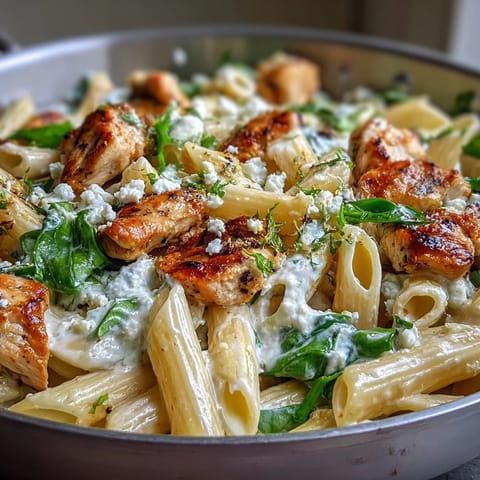 Steam rises from a golden skillet of Greek Chicken Feta Pasta, garnished with fresh parsley and lemon wedges. 