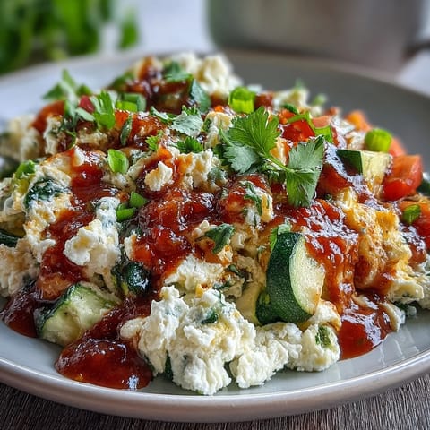 Fluffy egg white scramble with colorful sautéed bell peppers, zucchini, and spinach topped with zesty salsa for a healthy breakfast.