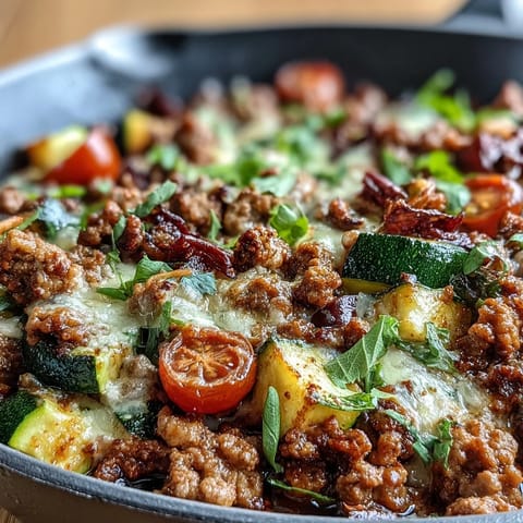 Colorful skillet meal featuring seasoned turkey, diced zucchini, red bell pepper, and cherry tomatoes, topped with fresh cilantro and lime.  