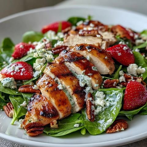 Fresh spinach salad topped with tender grilled chicken, sweet strawberries, and crunchy pecans, all drizzled with tangy poppy seed dressing.  