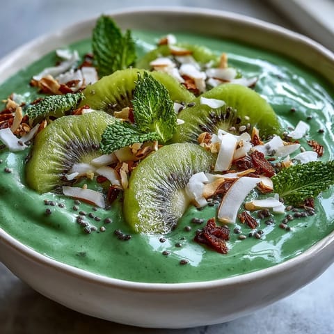 A vibrant vegan smoothie bowl with spinach, tropical fruits, and a mango-chia seed topping for a nourishing breakfast.