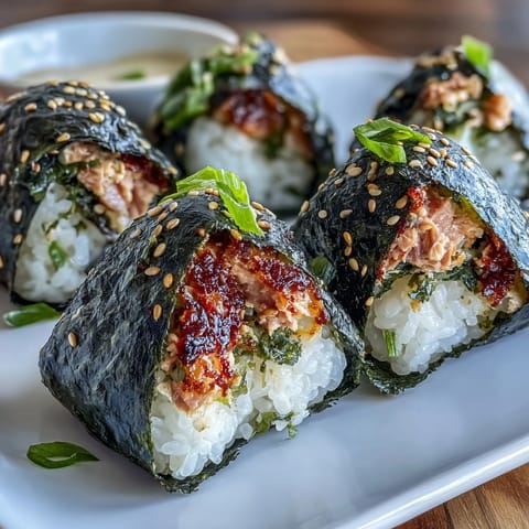 Spicy tuna onigiri filled with flavorful tuna mayo, wrapped in crisp nori, and sprinkled with sesame seeds for a delicious Japanese snack.  