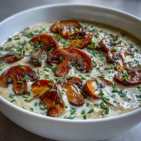 Creamy Mushroom & Cardamom Soup with earthy mushrooms and aromatic cardamom in a velvety broth.  