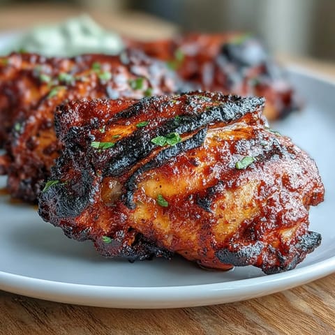 Juicy tandoori chicken thighs coated in vibrant red marinade, delivering smoky, spicy flavor and tender texture in every bite.  