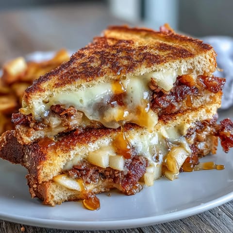 Golden-brown grilled cheese with sharp cheddar, crisp apple, and smoky beef bacon, drizzled with hot honey for a sweet and spicy twist.