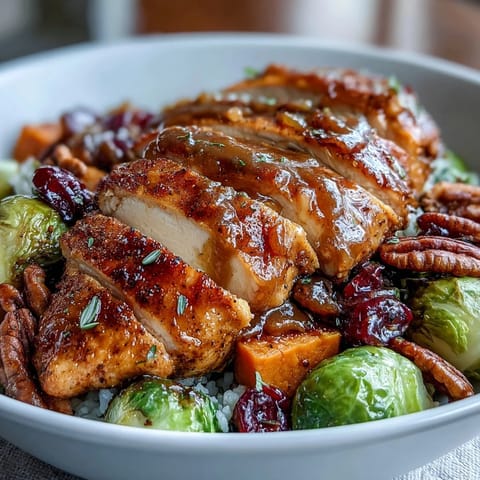 Hearty Maple Dijon Chicken Sweet Potato Bowls featuring glazed chicken, caramelized veggies, and nutty rice.  