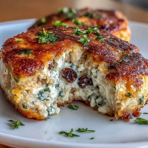 Juicy Mediterranean chicken patties with feta, herbs, and olives, golden-brown and ready to serve.  