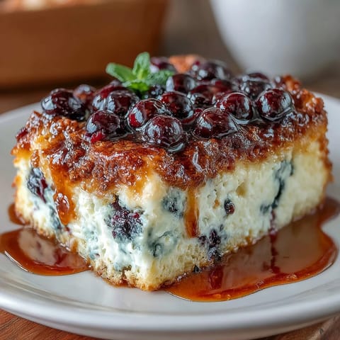 Blueberry cottage cheese breakfast bake with juicy berries and creamy custard base in a golden casserole.  