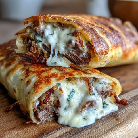 Golden French Dip Tortilla Roll Ups with crispy edges, melty provolone, roast beef, and fried onions, ready for au jus dipping.