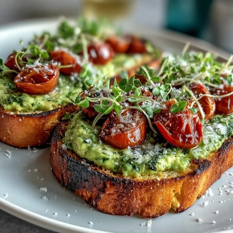Creamy avocado pesto spread over toasted sourdough, topped with fresh cherry tomatoes and microgreens.