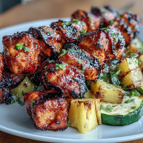 Juicy grilled chicken skewers marinated in honey-lime sauce, paired with fresh zucchini and sweet pineapple chunks for a vibrant summer meal.  