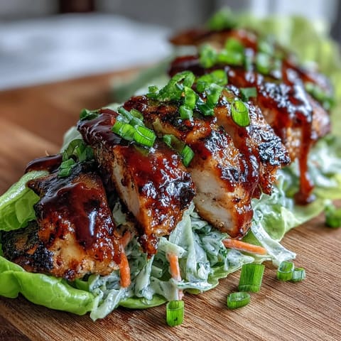 High-protein BBQ chicken lettuce wraps with slaw, featuring tender chicken in smoky sauce and crunchy cabbage slaw, wrapped in crisp lettuce leaves.