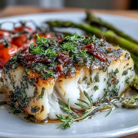 Aromatic lemon and herb baked cod with roasted asparagus and cherry tomatoes, creating a vibrant, healthy sheet pan dinner.  