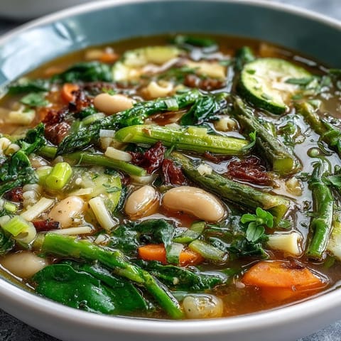 Fresh spring minestrone soup with white beans, asparagus, and peas, garnished with parsley and a drizzle of olive oil.  