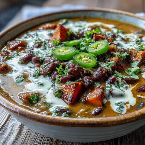 Creamy vegetarian soup with tender sweet potatoes, smoky black beans, and zesty lime crema in a warm bowl.