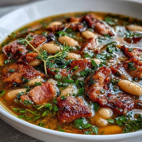 A bowl of hearty ham and cannellini bean soup garnished with fresh parsley and thyme.