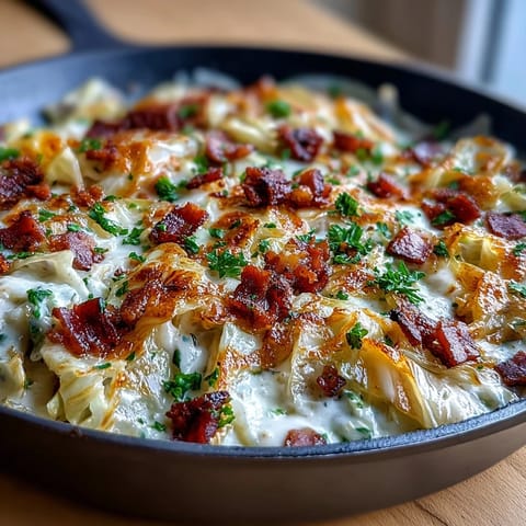 Creamy Cabbage and Ham Skillet with tender cabbage and savory diced ham in a rich, cheesy sauce, served hot from the pan.
