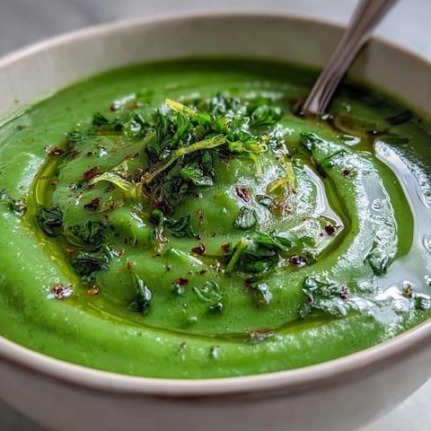 Green detox vegetable soup with zucchini and peas in a white bowl, garnished with fresh parsley and mint.