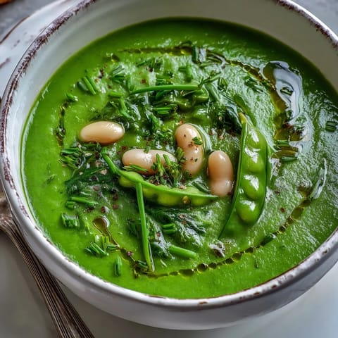 A vibrant bowl of spinach and white bean shamrock soup, garnished with fresh chives and served steaming hot.