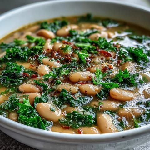 A bowl of Tuscan white bean soup with kale and lemon zest, garnished with Parmesan and olive oil.  