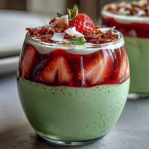 Vibrant layered chia pudding jars with creamy matcha, sweet strawberry puree, and fresh fruit toppings in glass jars.  