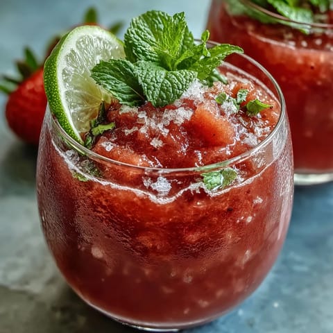 Vibrant alcohol-free strawberry watermelon daiquiri mocktail with mint leaves, served over ice for a cooling summer drink.