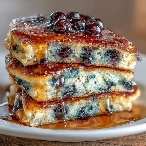 Fluffy sourdough pancakes bursting with fresh lemon zest and juicy blueberries, served warm with a drizzle of maple syrup.