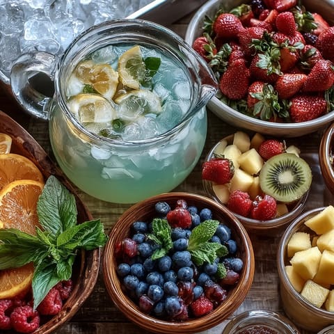 Refreshing lemonade bar setup featuring assorted fruit slices, syrups, and ice for guests to create their perfect summer drink.
