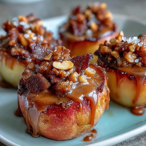 Bite-sized caramel-coated apple slices with a rich peanut butter drizzle and a sprinkle of sea salt.  